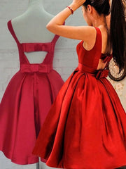 Cute Red Satin Scoop Sleeveless Short Party Dresses, Red Corset Homecoming Dress outfit, Evening Dress Red