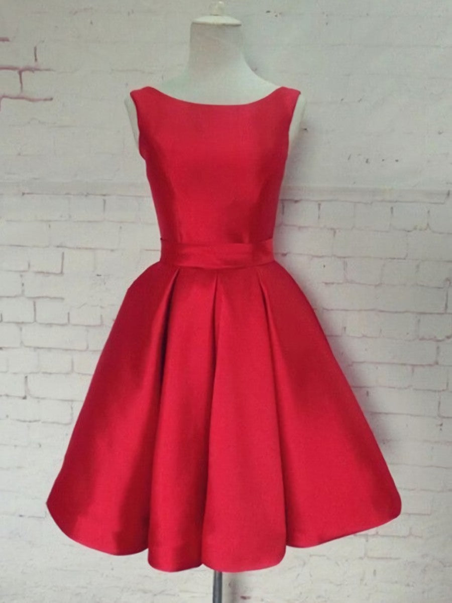Cute Red Satin Scoop Sleeveless Short Party Dresses, Red Corset Homecoming Dress outfit, Evening Dress Vintage