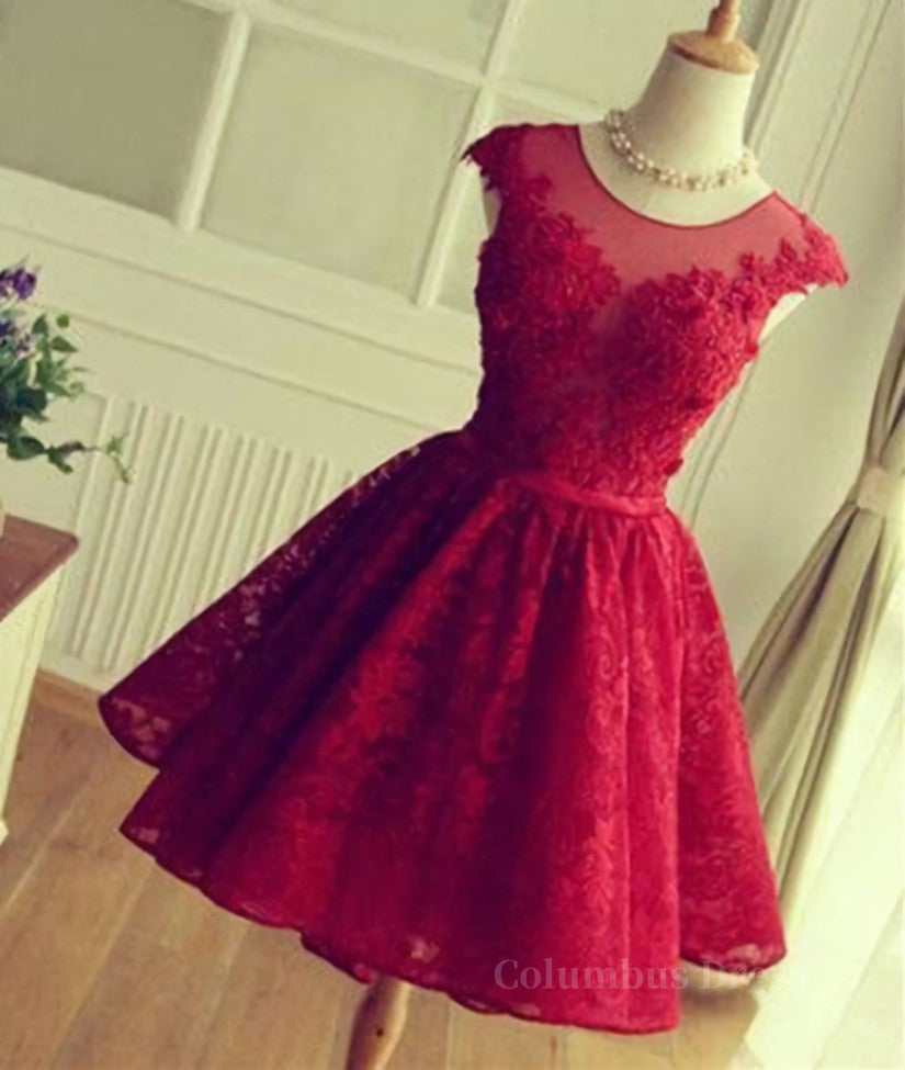 Cute Round Neck Red Lace Short Corset Prom Dresses, Red Corset Homecoming Dresses outfit, Bridesmaid Dress Formal