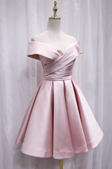 Cute Satin Pink Sweetheart Off Shoulder Knee Length Party Dress, Short Corset Prom Dress outfits, Prom Dress Sleeve