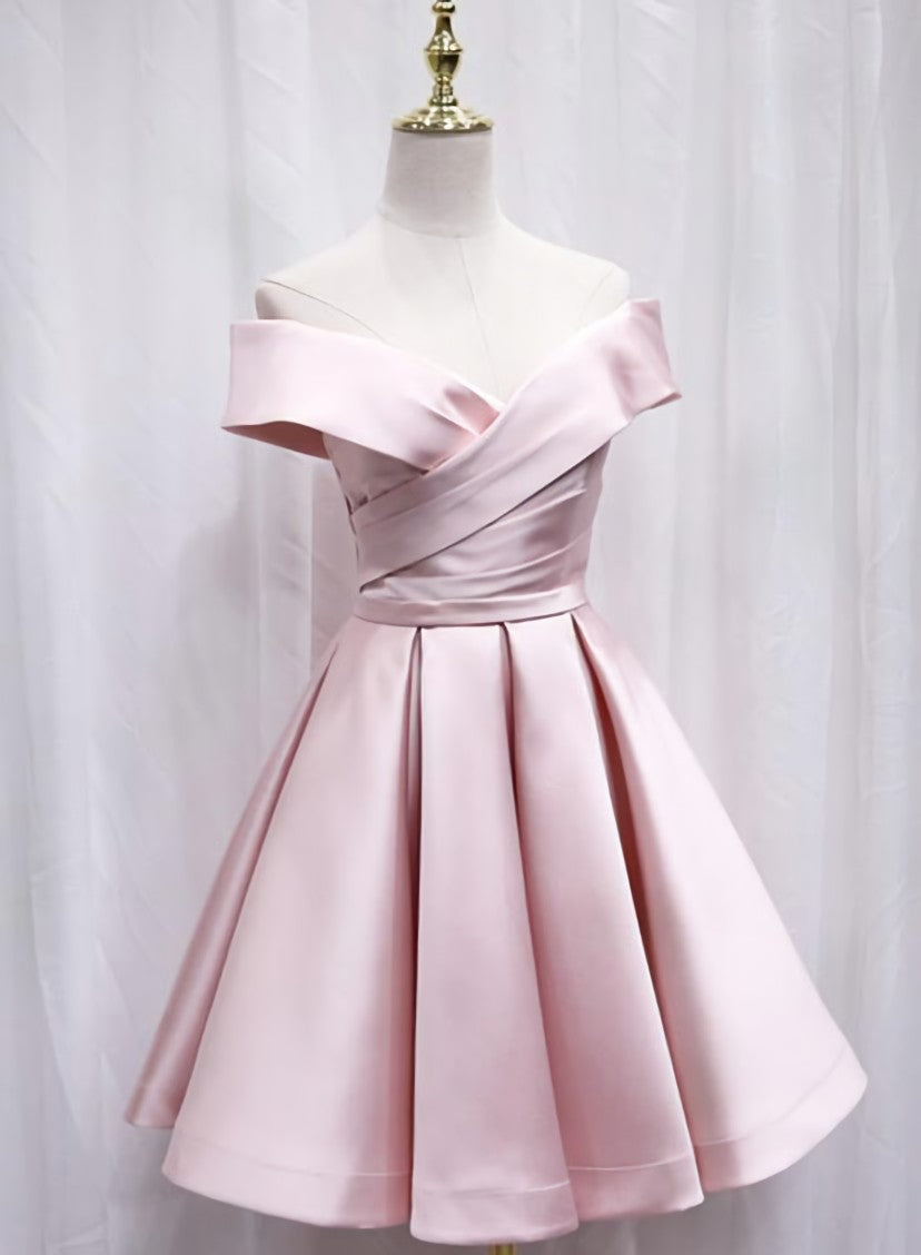 Cute Satin Pink Sweetheart Off Shoulder Knee Length Party Dress, Short Corset Prom Dress outfits, Long Formal Dress