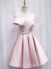 Cute Satin Pink Sweetheart Off Shoulder Knee Length Party Dress, Short Corset Prom Dress outfits, Long Formal Dress