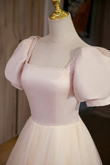 Cute Satin Tulle Long Corset Prom Dress, A-Line Short Sleeve Evening Dress outfit, Homecomming Dresses Black