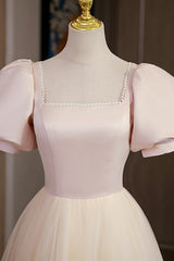 Cute Satin Tulle Long Corset Prom Dress, A-Line Short Sleeve Evening Dress outfit, Homecoming Dresses Pink