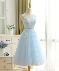 Cute Sky Blue Lace Tulle Short Corset Prom Dress, Corset Homecoming Dress outfit, Evening Dress Designers
