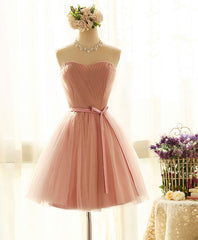 Cute Sweetheart Neck Tulle Short Corset Prom Dress, Pink Corset Bridesmaid Dress outfit, Evening Dress With Sleeve