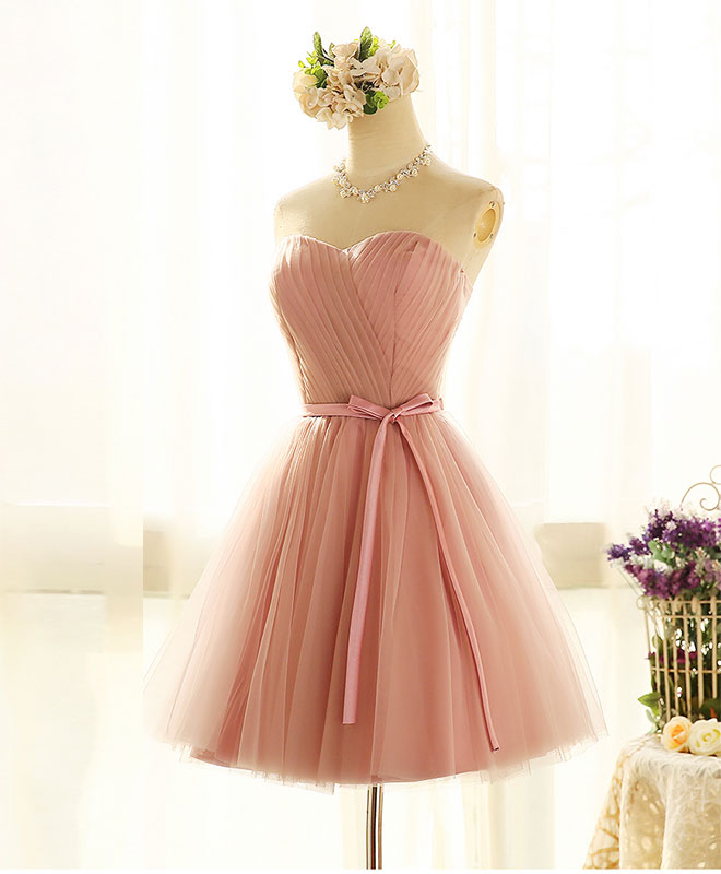 Cute Sweetheart Neck Tulle Short Corset Prom Dress, Pink Corset Bridesmaid Dress outfit, Evening Dress Open Back