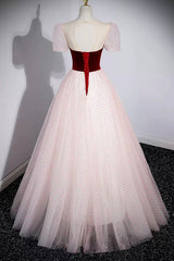 Cute Tulle Long Corset Prom Dress with Velvet, A-Line Short Sleeve Evening Dress outfit, Bridesmaids Dresses On Sale