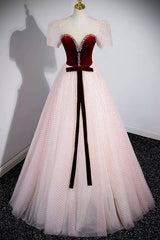 Cute Tulle Long Corset Prom Dress with Velvet, A-Line Short Sleeve Evening Dress outfit, Bridesmaid Dresses Styles