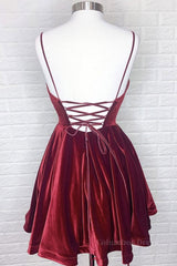 Cute V Neck Backless Burgundy Velvet Short Corset Prom Corset Homecoming Dress, Backless Maroon Corset Formal Graduation Evening Dress outfit, Evening Dresses And Gowns
