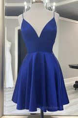 Cute V Neck Backless Short Royal Blue Corset Prom Dress with Straps, Backless Royal Blue Corset Formal Graduation Corset Homecoming Dress outfit, Floral Prom Dress