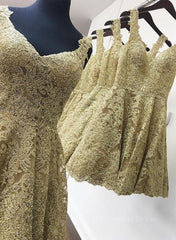 Cute V Neck Golden Lace Short Corset Prom Dresses, Golden Lace Corset Homecoming Dresses, Golden Corset Formal Evening Dresses outfit, Cocktail Dress Prom