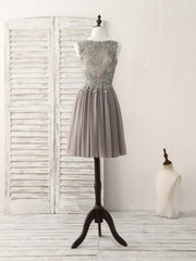Cute V Neck Lace Chiffon Gray Short Corset Prom Dress Gray Corset Homecoming Dress outfit, Classy Gown