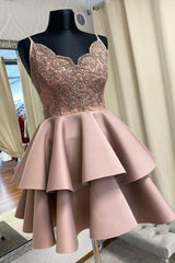 Cute V-Neck Lace Short Corset Prom Dress, A-Line Spaghetti Straps Corset Homecoming Dress outfit, Homecomming Dresses Lace
