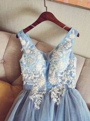 Cute V Neck Light Blue Tulle Lace Short Corset Prom Dress Blue Corset Homecoming Dress outfit, Bridesmaid Dress Color Scheme