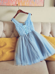 Cute V Neck Light Blue Tulle Lace Short Corset Prom Dress Blue Corset Homecoming Dress outfit, Bridesmaid Dress Long