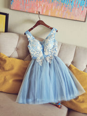 Cute V Neck Light Blue Tulle Lace Short Corset Prom Dress Blue Corset Homecoming Dress outfit, Bridesmaid Dress Colors Scheme