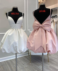 Cute V-Neck Short Party Cocktail Dress with Bow outfit, Bridesmaid Dresses Satin