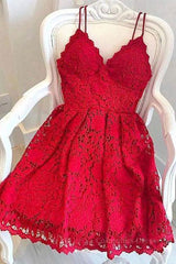 Cute V Neck Short Red Lace Corset Prom Dress with Straps, Short Red Lace Corset Formal Graduation Corset Homecoming Dress, Red Cocktail Dress outfit, Formal Dresses For Winter Wedding