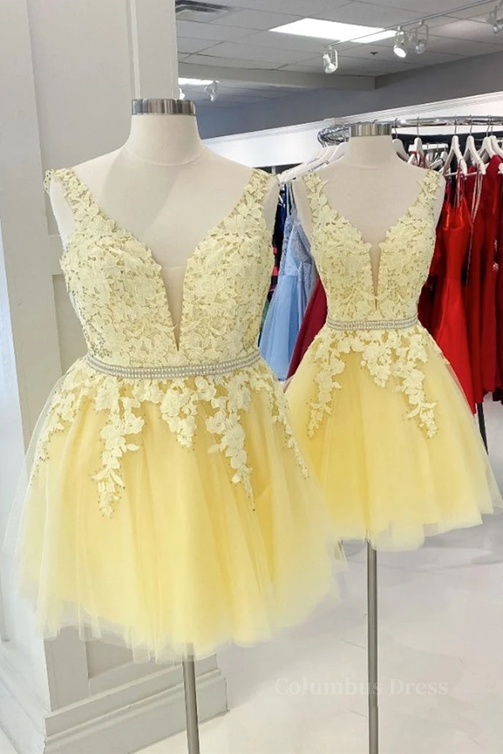 Cute V Neck Yellow Lace Short Corset Prom Dress with Belt, Yellow Lace Corset Homecoming Dress, Short Yellow Corset Formal Evening Dress outfit, Evening Dress Lace