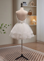 Cute White Short Tulle Beaded Graduation Dress, White Short Corset Prom Dress Corset Formal Dress outfit, Garden Wedding