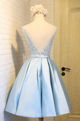 Sky Blue A Line V Neck Short Corset Prom Dresses, Appliques Lace Corset Homecoming Dresses outfit, Prom Dress Blue