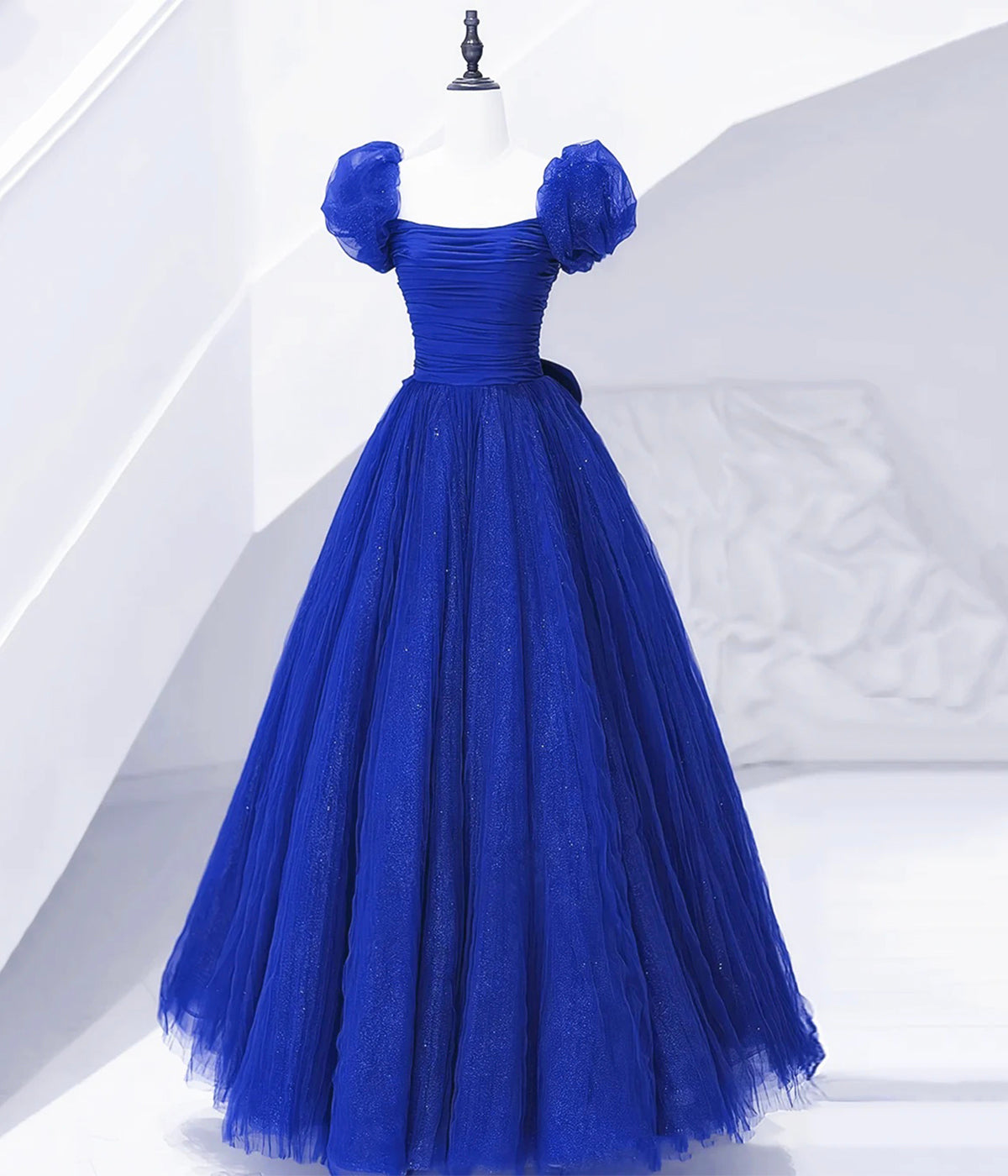 Cute Tulle Long Corset Prom Dress with Bow, Royal Blue Short Sleeve Evening Party Dress Outfits, Homecoming Dresses Fitted