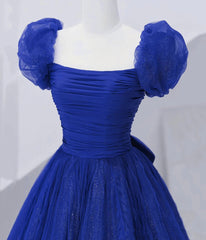 Cute Tulle Long Corset Prom Dress with Bow, Royal Blue Short Sleeve Evening Party Dress Outfits, Homecomming Dresses Fitted