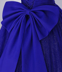 Cute Tulle Long Corset Prom Dress with Bow, Royal Blue Short Sleeve Evening Party Dress Outfits, Homecoming Dress Tights