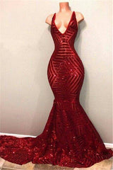Red Sequins Shiny V-Neck Mermaid Long Corset Prom Dresses outfit, Party Dresses Weddings