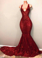 Red Sequins Shiny V-Neck Mermaid Long Corset Prom Dresses outfit, Party Dresses Wedding