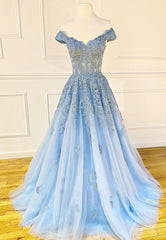 Blue Lace Off the Shoulder Corset Prom Dresses, A-Line Evening Dresses outfit, Flower Girl Dress