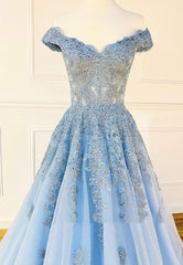 Blue Lace Off the Shoulder Corset Prom Dresses, A-Line Evening Dresses outfit, Country Wedding