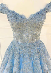 Blue Lace Off the Shoulder Corset Prom Dresses, A-Line Evening Dresses outfit, Bridesmaid Dresses Modest