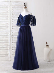 Dark Blue A-Line Lace Tulle Long Corset Prom Dress Blue Evening Dress outfit, Bridesmaids Dresses Chiffon