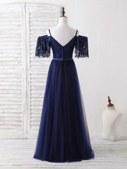 Dark Blue A-Line Lace Tulle Long Corset Prom Dress Blue Evening Dress outfit, Bridesmaid Dress For Girls