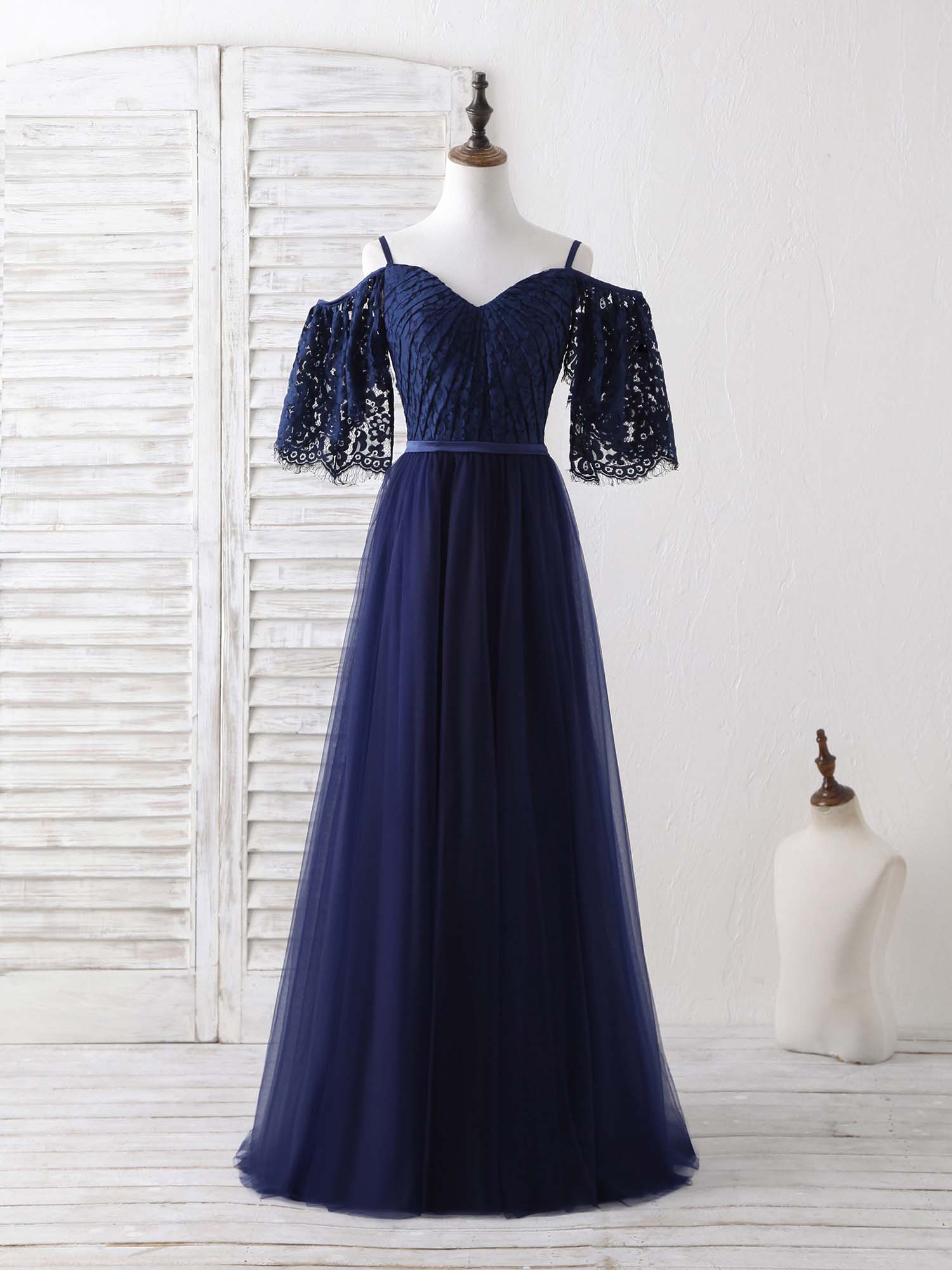 Dark Blue A-Line Lace Tulle Long Corset Prom Dress Blue Evening Dress outfit, Bridesmaid Dress Chiffon