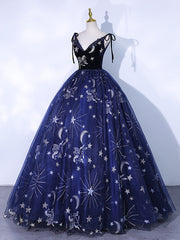 Dark Blue A-Line Tulle Lace Long Corset Prom Dress, Dark Blue Long Corset Formal Dress outfit, Evening Dresses Stunning