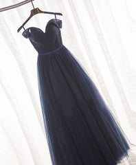Dark Blue A Line Tulle Long Corset Prom Dress, Evening Dress outfit, Evening Dresses Cocktail