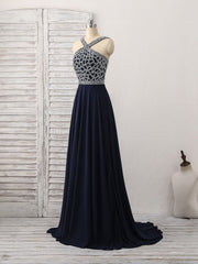 Dark Blue Chiffon Beads Long Corset Prom Dress, Blue Evening Dress outfit, Prom Dresses Burgundy