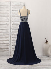 Dark Blue Chiffon Beads Long Corset Prom Dress, Blue Evening Dress outfit, Prom Dresses Yellow