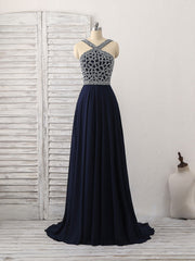 Dark Blue Chiffon Beads Long Corset Prom Dress, Blue Evening Dress outfit, Prom Dress Burgundy
