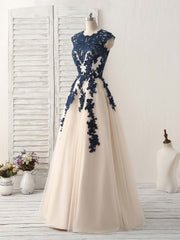 Dark Blue Lace Applique Tulle Long Corset Prom Dress Blue Corset Bridesmaid Dress outfit, Formals Dresses Long