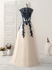 Dark Blue Lace Applique Tulle Long Corset Prom Dress Blue Corset Bridesmaid Dress outfit, Formal Dress Long