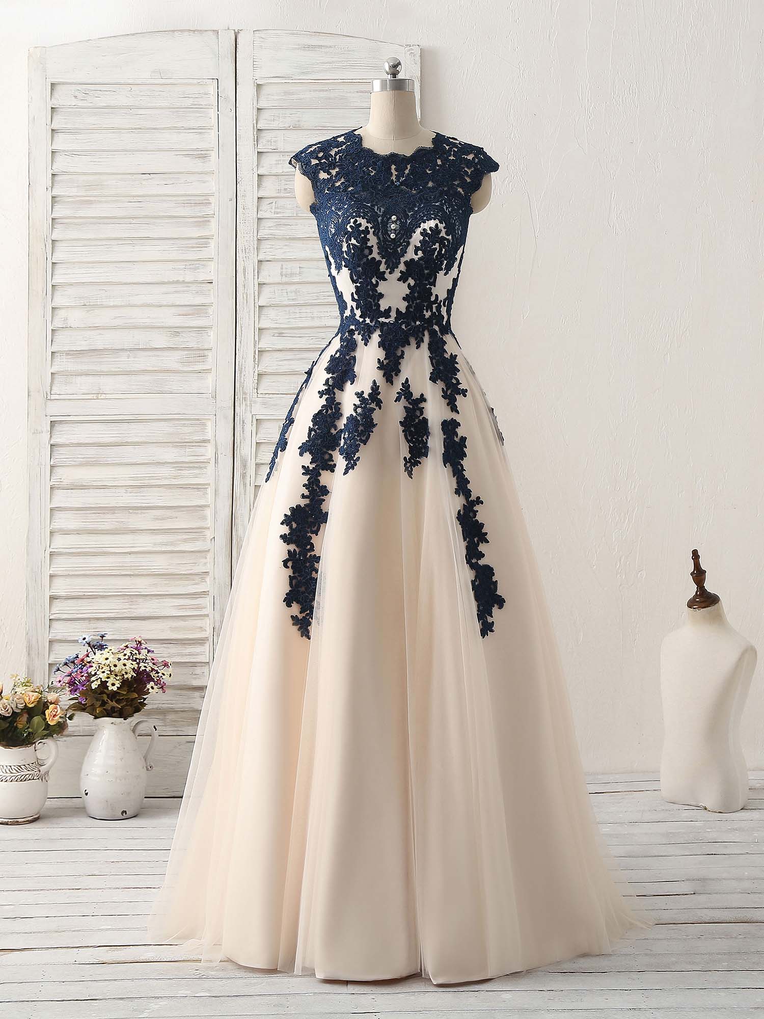 Dark Blue Lace Applique Tulle Long Corset Prom Dress Blue Corset Bridesmaid Dress outfit, Formal Dressed Long
