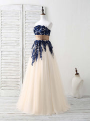 Dark Blue Lace Applique Tulle Long Corset Prom Dress Blue Corset Bridesmaid Dress outfit, Bridesmaids Dresses For Beach Weddings