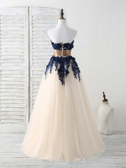 Dark Blue Lace Applique Tulle Long Corset Prom Dress Blue Corset Bridesmaid Dress outfit, Bridesmaids Dresses For Beach Wedding