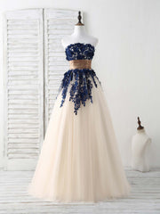 Dark Blue Lace Applique Tulle Long Corset Prom Dress Blue Corset Bridesmaid Dress outfit, Bridesmaid Dress For Beach Wedding