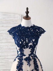 Dark Blue Lace Tulle High Low Corset Prom Dress Blue Corset Bridesmaid Dress outfit, Country Wedding