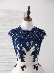 Dark Blue Lace Tulle Short Corset Prom Dress Blue Corset Bridesmaid Dress outfit, Champagne Bridesmaid Dress